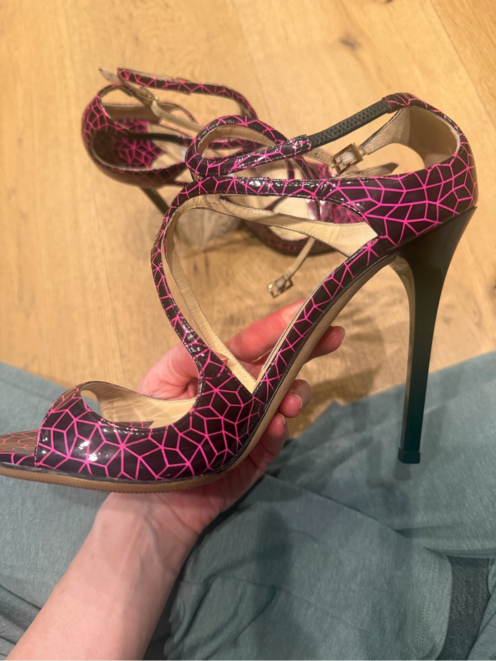 Jimmy Choo Black and Pink Geometric Strappy Stiletto Sandals - Picture 3 of 13